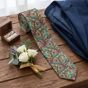 Gravata Roxo Azul Teal Verde Dourado Estampa Paisley