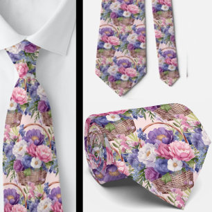 Gravata Roxo Azul Violeta Flores Floral Bege