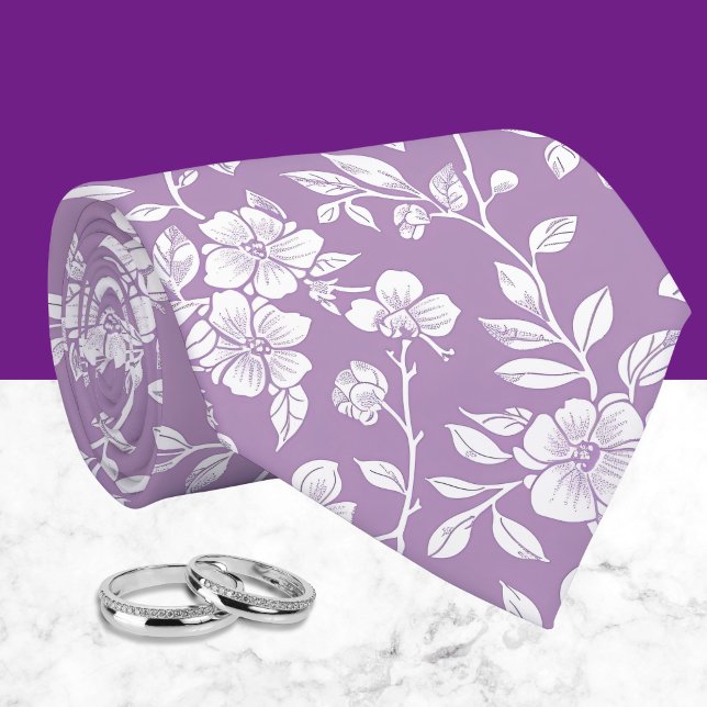 Gravata Roxo empoeirado e Chinoiserie Floral Branco  (Criador carregado)