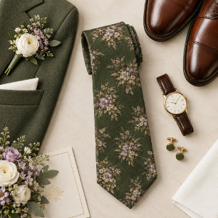 Gravata Roxo Empoeirado Floral Forrageado sobre Verde Musg