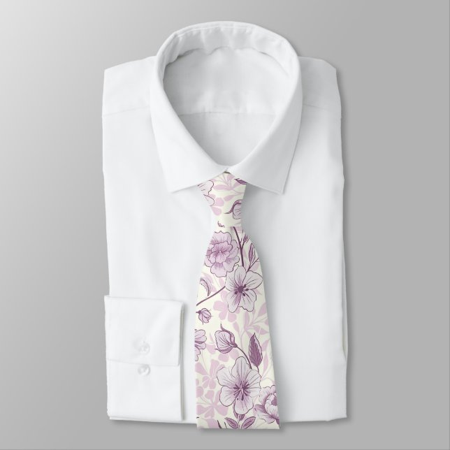Gravata Roxo Escuro e Branco Chinoiserie Floral  (Amarrado)