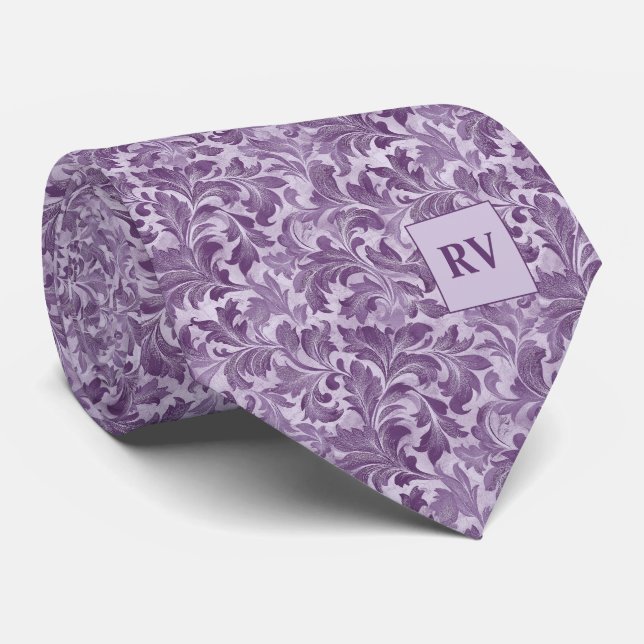 Gravata Roxo Lavanda Ornamental Floral Escrito (Rolled)