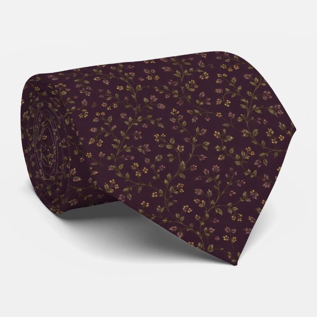 Gravata Roxo Oliva Floral Botânico Casamento Formal (Rolled)