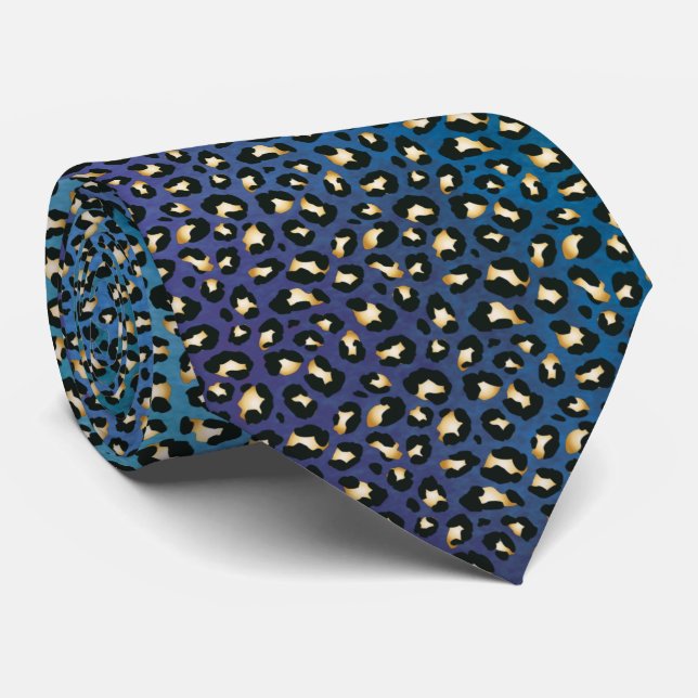 Gravata Safari Leopard Imprima Marinho Rosetas Azul (Rolled)