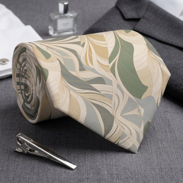 Gravata Sage Green Beige Abstract Foliage Pattern (Criador carregado)