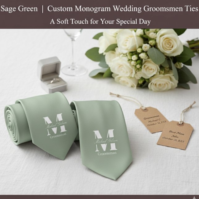 Gravata Sage Green | Custom Monogram Wedding Groomsmen  (Sage Green | Custom Monogram Wedding Groomsmen Neck Tie)