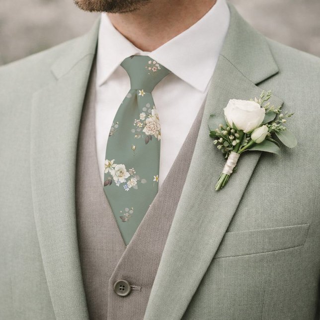 Gravata Sage Green Floral Necktie for Wedding (Criador carregado)