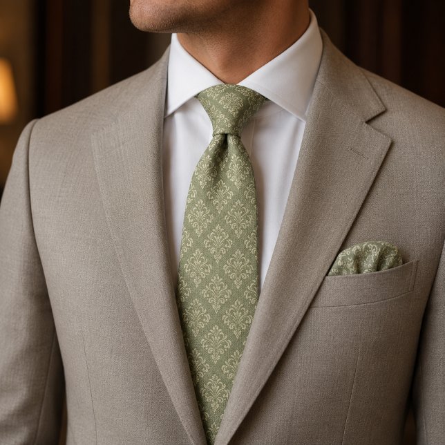 Gravata Sage Verde Damask Luxo Floral Vintage (Criador carregado)