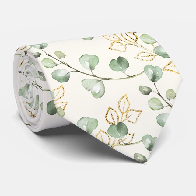 Gravata Sage Verde & Dourado Eucalipto Casamento Creme Bra (Rolled)