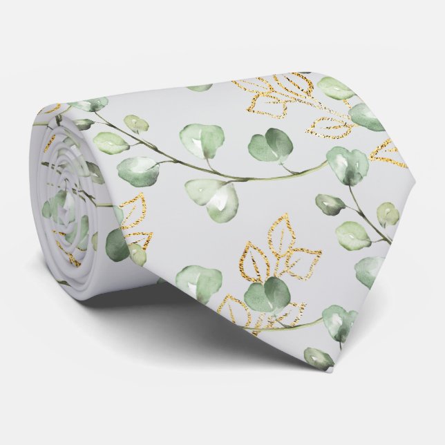 Gravata Sage Verde & Dourado Eucalipto Cinza Rosa Casament (Rolled)