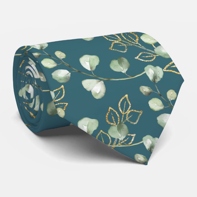 Gravata Sage Verde & Dourado Eucalipto Verde Turquesa Casa (Rolled)