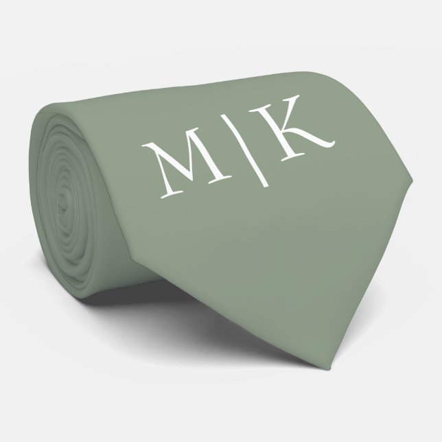 Gravata Sage Verde e Branco | Monograma moderno (Rolled)