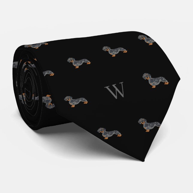 Gravata Salsicha Dachshund Cão Monogramas Pretas (Rolled)