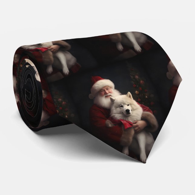 Gravata Samoyed Com Papai Noel Natal Festivo (Rolled)