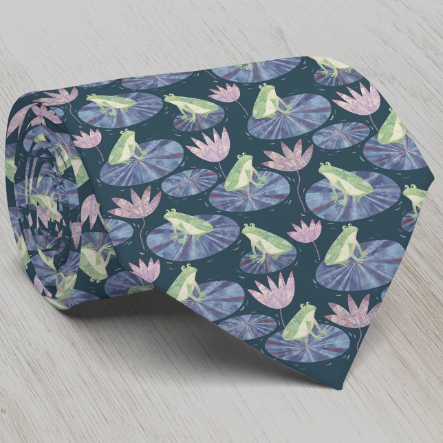 Gravata Sapo Watercolor - Escuro (Fun frog on lily leaves neck tie for nature and amphibian lovers)