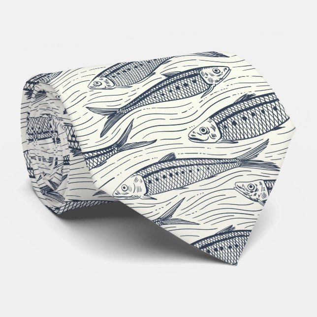 Gravata Sardinhas em Movimento em azul-marinho e marfim (Rolled)