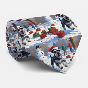 Gravata Schnauzer Correndo na Neve com Chapéu de Natal