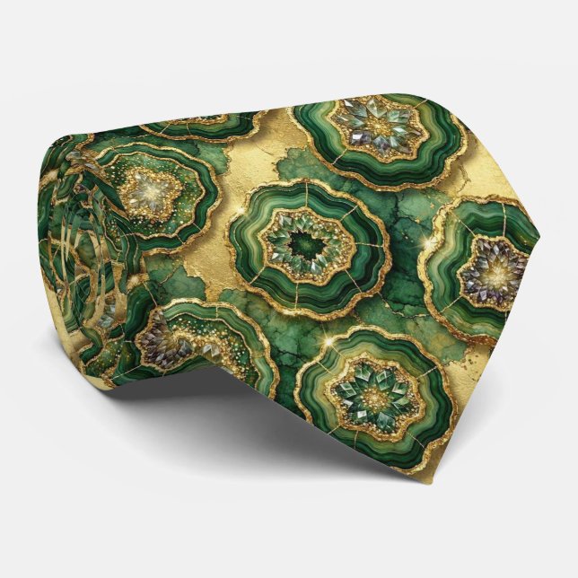 Gravata Seda de Luxo Falsa | Geodo Verde + Dourado (Rolled)