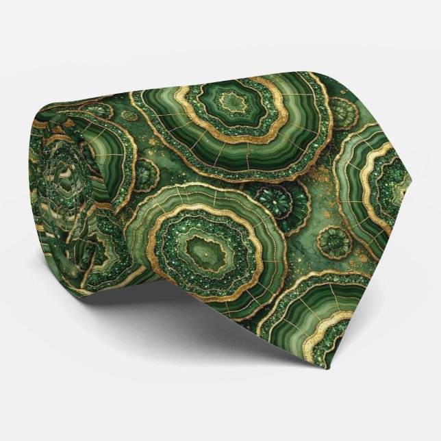 Gravata Seda de Luxo Falsa | Geodo Verde + Dourado (Rolled)