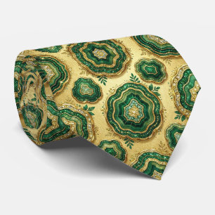 Gravata Seda de Luxo Falsa   Geodo Verde + Dourado