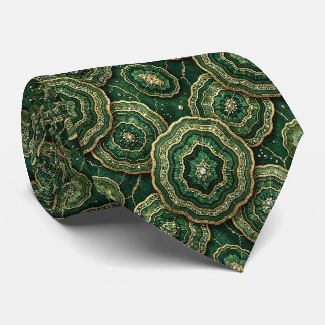 Gravata Seda de Luxo Falsa | Geodo Verde + Dourado (Rolled)