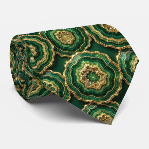 Gravata Seda de Luxo Falsa   Geodo Verde + Dourado