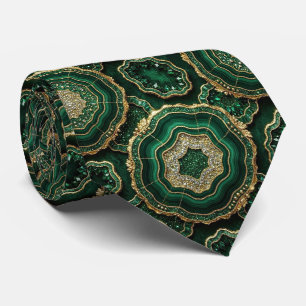 Gravata Seda de Luxo Falsa   Geodo Verde + Dourado