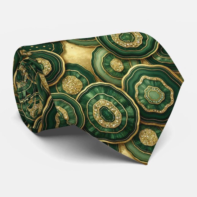 Gravata Seda de Luxo Falsa | Geodo Verde + Dourado (Rolled)
