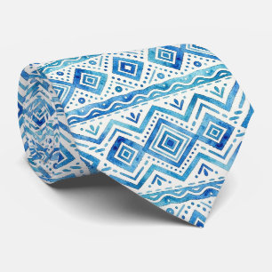 Gravata Seda Falsa de Aquarela Tribal Oceano Luxo