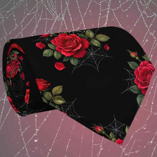 Gravata Seda Falsa Gótica Cavalheiro de Rosas e Teias de