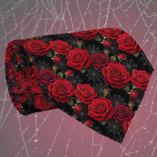 Gravata Seda Falsa Gótica Cavalheiro de Rosas e Teias de