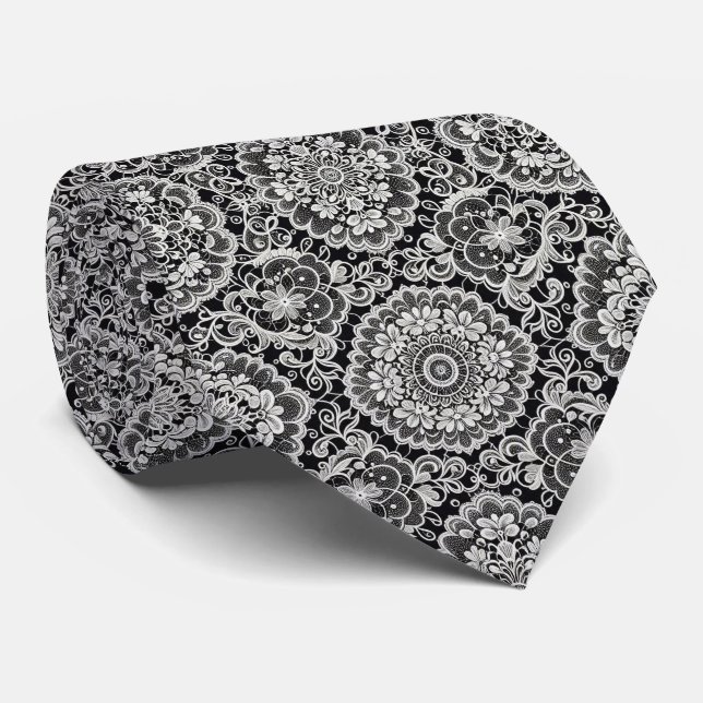 Gravata Seda Falsa | Padrão de Renda Preta e Branca |  (Rolled)