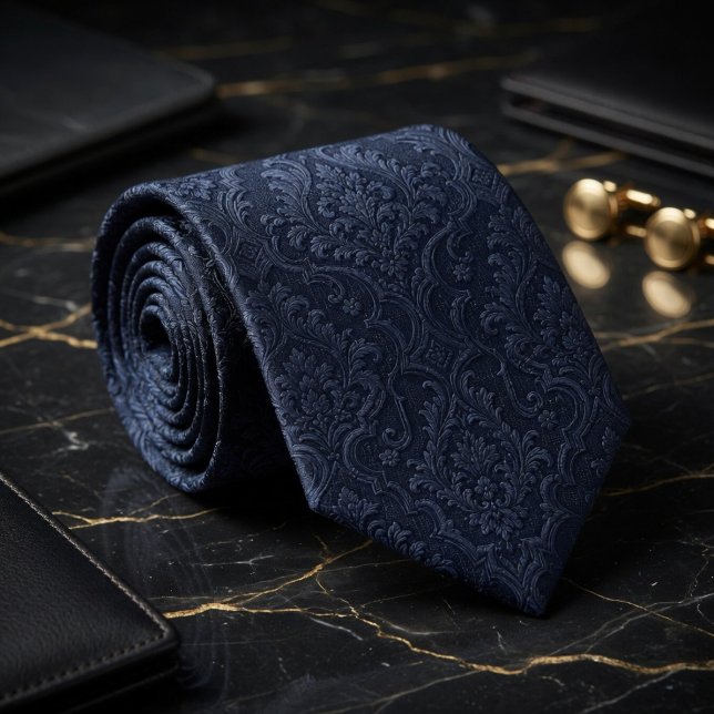 Gravata Seda Jacquard Barroca Damask Azul Meia-Noite de Lu (Criador carregado)