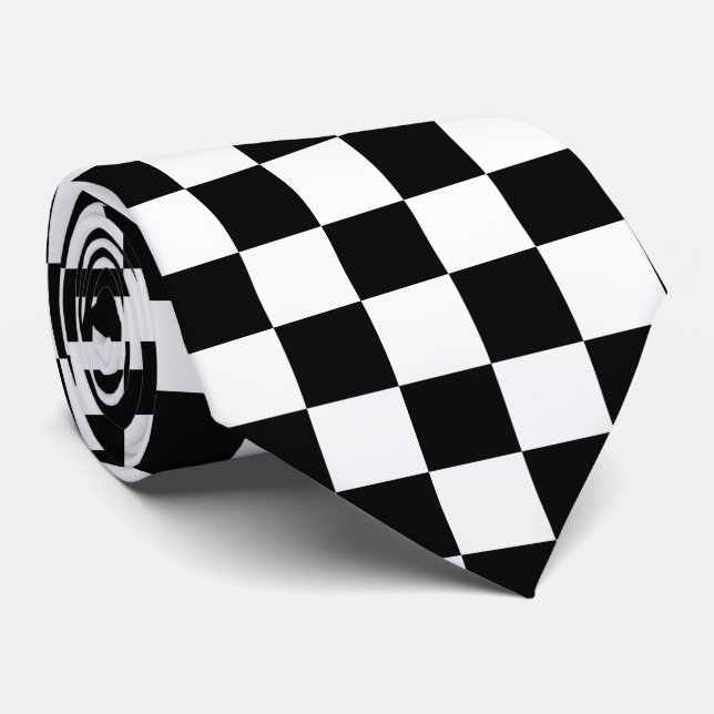 Gravata Seda Xadrez Preto e Branco Racing Silks Derby (Rolled)
