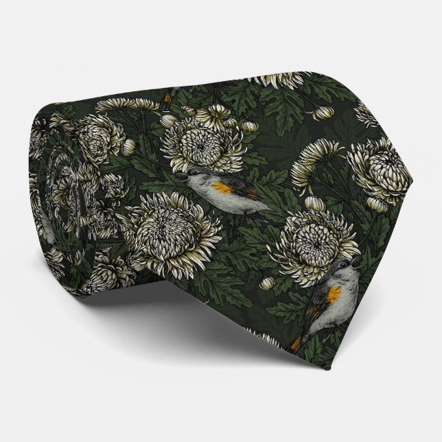 Gravata Sequoias no crisântemo em verde e branco (Rolled)