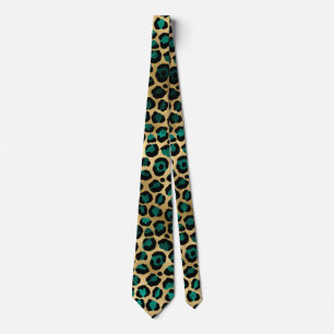 Gravata Série Leopardo Teal e Dourada Design 14