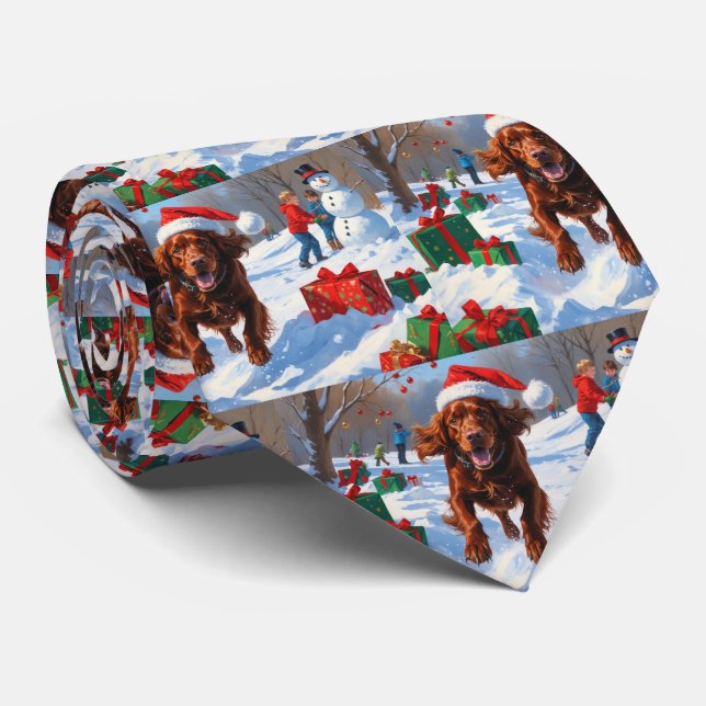 Gravata Setter Vermelho Irlandês Correndo na Neve com Chap (Rolled)