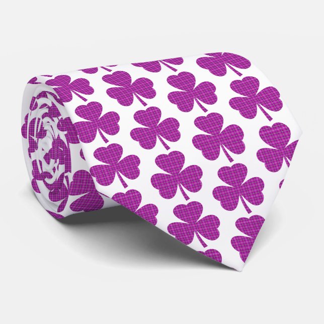 Gravata Shamrock Shape Plaid Pink Purple Neck Tie (Rolled)