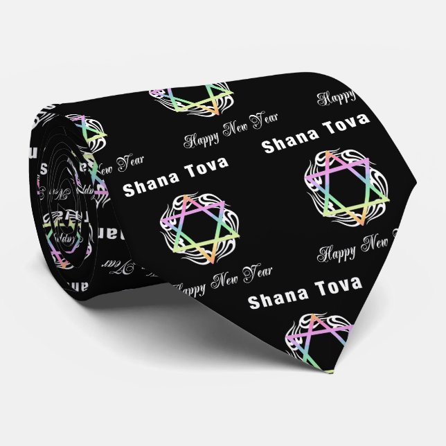 Gravata Shana Tova Jewish Star Neck Tie (Rolled)