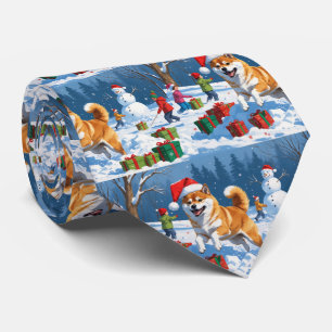 Gravata Shiba Inu Correndo na Neve com Chapéu de Natal