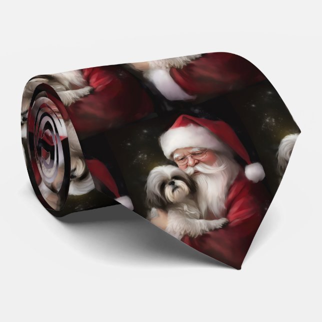 Gravata Shih Tzu Com Papai Noel Natal Festivo (Rolled)