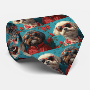 Gravata Shih Tzu com Rosas do Coração Dia dos Namorados