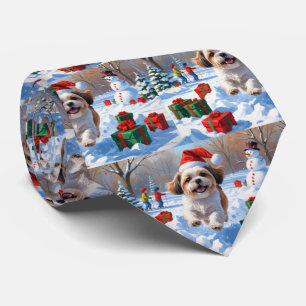 Gravata Shih Tzu Correndo na Neve com Chapéu de Natal