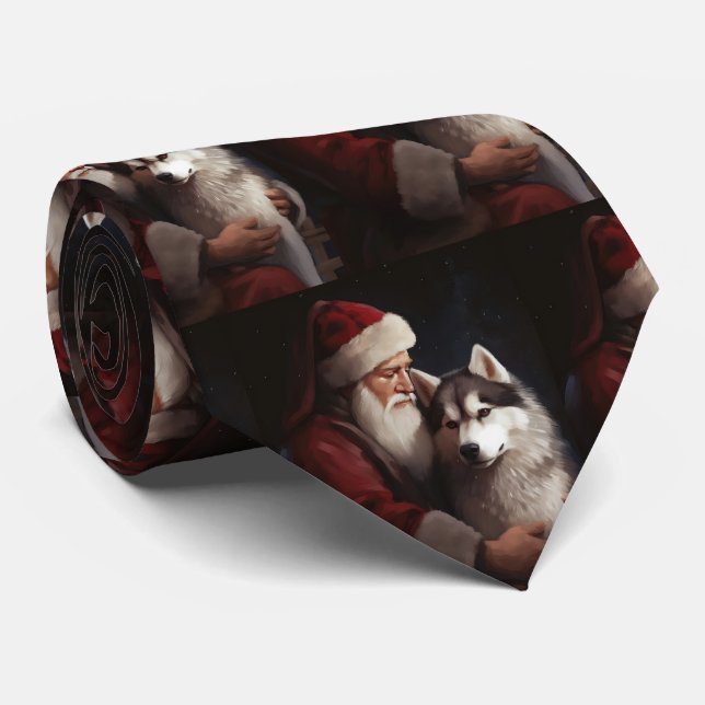 Gravata Siberian Husky com Papai Noel Natal Festivo (Rolled)