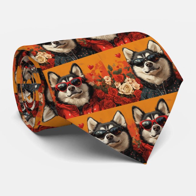 Gravata Siberian Husky com Rosas do Coração Dia dos Namora (Rolled)