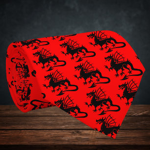 Gravata Silhueta do Dragão Galês Preto com Fundo Vermelho