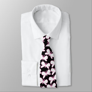 Gravata Silhuetas da borboleta - branco com rosa no preto