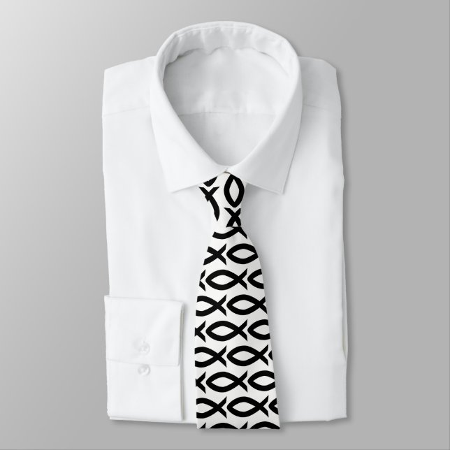 Gravata Símbolo de Peixe Cristão Negro e Branco Necktie (Amarrado)