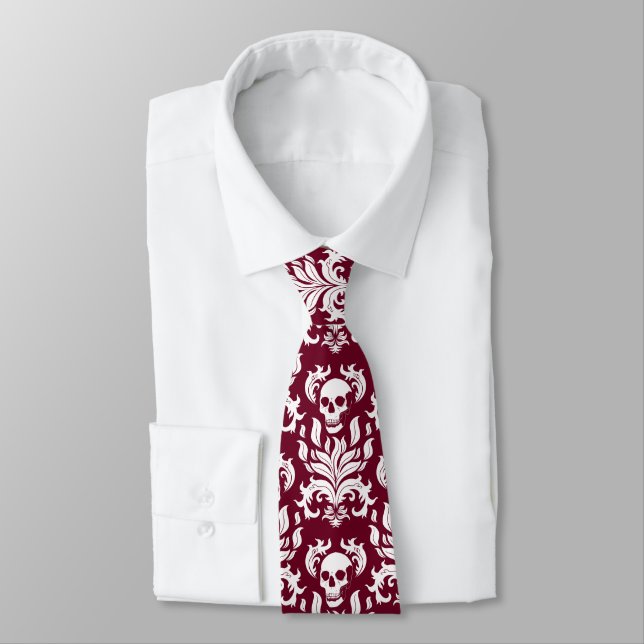 Gravata Skull Flame Damask em branco nítido em vermelho pr (Amarrado)
