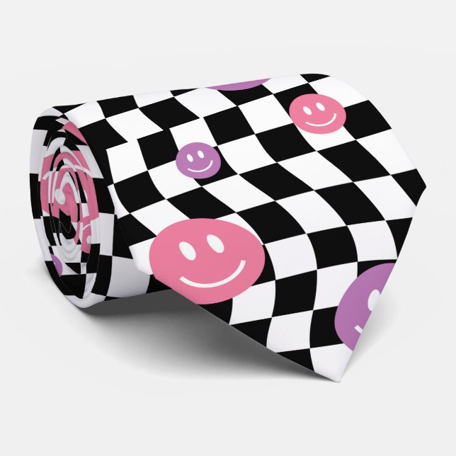 Gravata Smiley Groovy Xadrez Retro, Y2K 90s (Rolled)